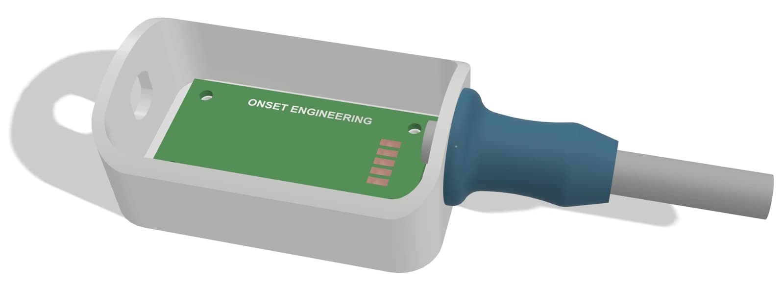 CAD render of a molded enclosure with a translucent cover, internal contacts, and a straight connector.