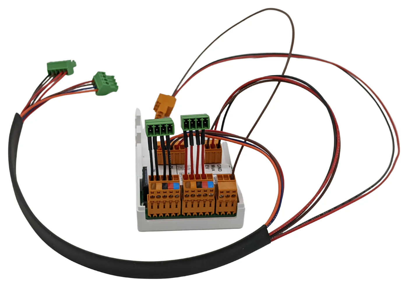 A wired terminal-block harness with red, black, white, and green leads.